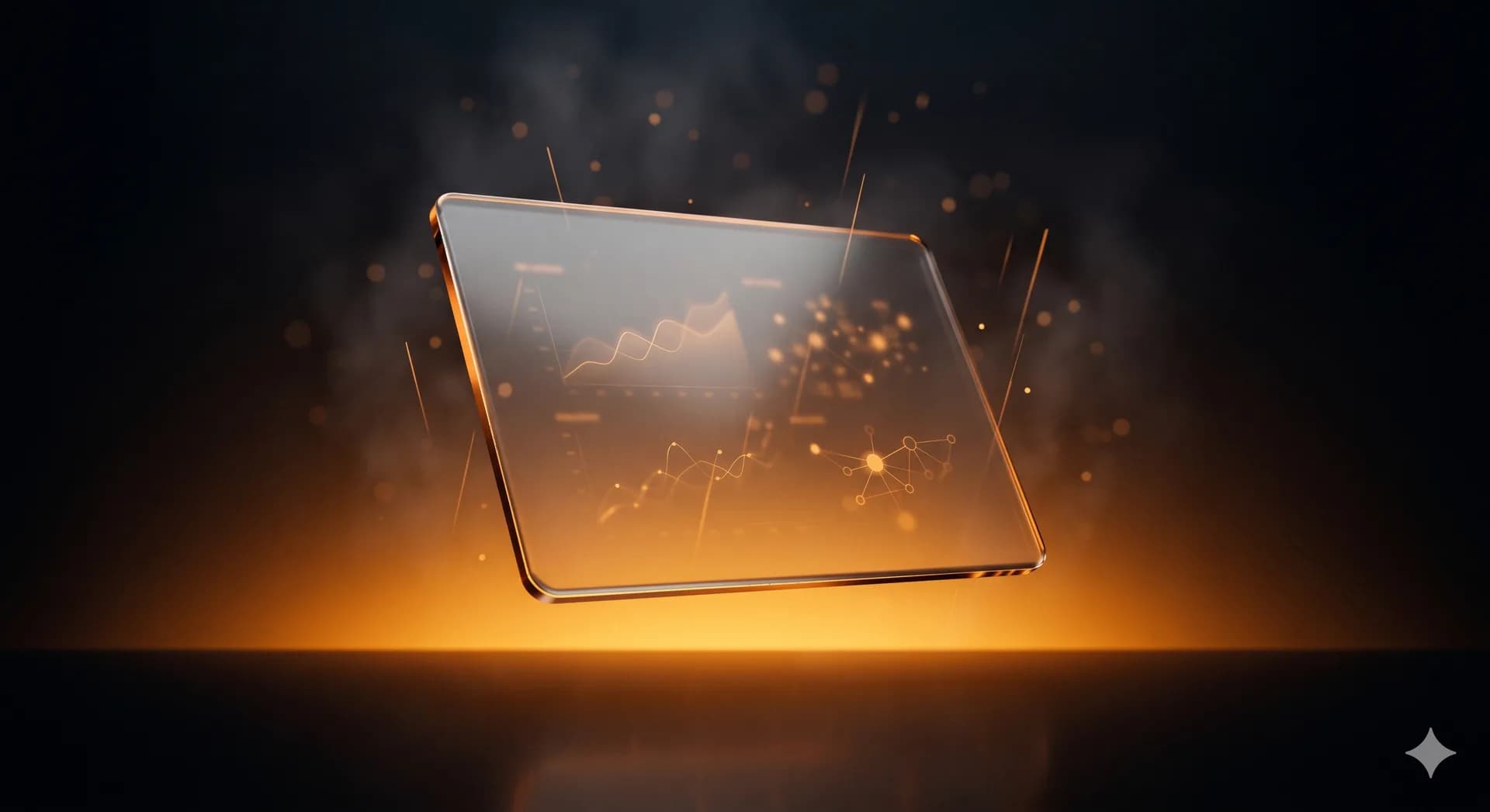 AI-powered product dashboard floating in a dark studio with amber glow